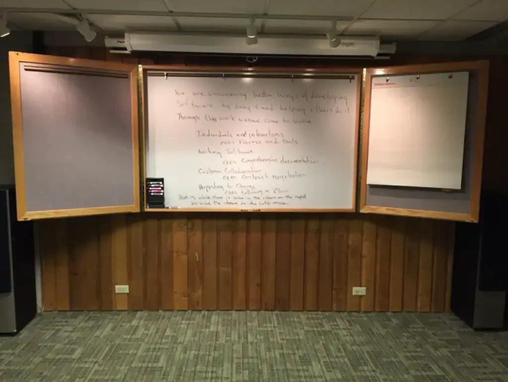 The draft of Agile Manifesto for Software Development on the whiteboard