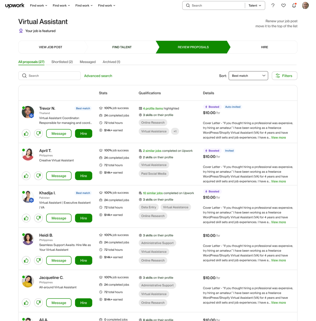 Upwork's feature for reviewing proposals