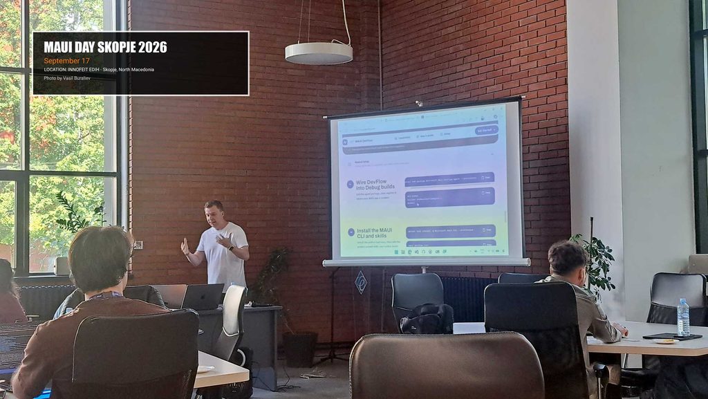 Gerald is explaining the main concept behind the MAUIDevFlow at MAUI Day Skopje 2026