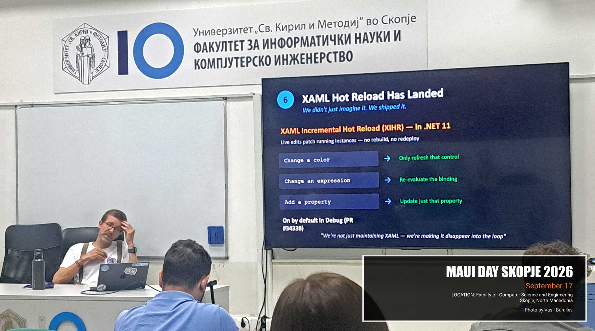 Stéphane Delcroix at MAUI Day Skopje 2026 presenting the main benefits of the XAML Incremental Hot Reload (XIHR).