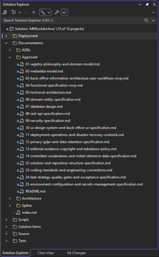 Authoritative documents for a system that are used as a frame, instructions, and guides for AI Agents to design it, implement it, test it, and deploy it.